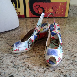 Castaner Canvas Print Espadrille Peep Toe Wedges